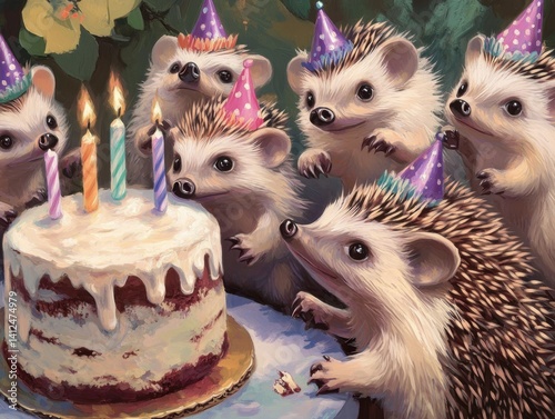 Hedgehog Birthday Bash: Adorable hedgehog party celebrates a birthday with cake and candles. A cute and cheerful scene for a festive moment!