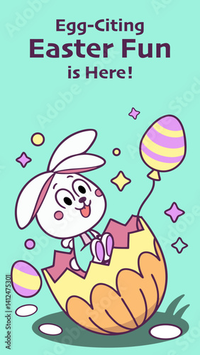 Happy Easter bunny cartoon card with a cute rabbit, illustration muck up