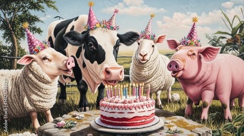 Barnyard Birthday Bash: A festive scene of farm animals gathered around a vibrantly decorated cake, adorned with flickering candles and party hats.