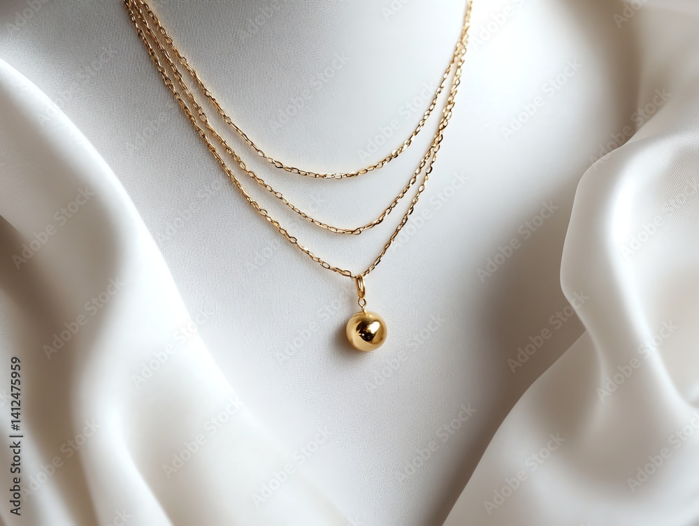 Delicate layered gold necklaces on white silk, feminine elegance style Delicate layered gold necklaces on white silk, feminine elegance style