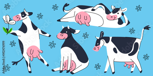 Funny cow mascot set - spotted black white bovine standing with daisy flower, lying and sitting. Cute cartoon cattle character with pink udder and expressive face. Playful doodle farm animal.