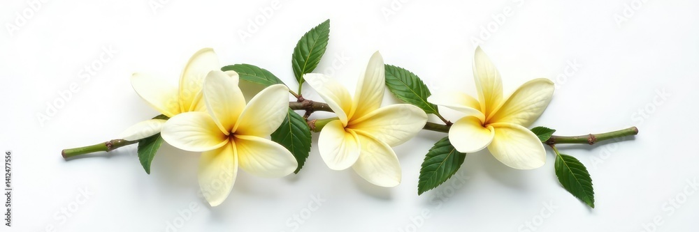 Single stem with leaves and flowers on white background, foliage, botanical Single stem with leaves and flowers on white background, foliage, botanical