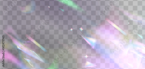 Crystal light refraction effect on transparent background. Vector realistic illustration of rainbow color flares, diamond or glass reflection overlay, bright iridescent spectrum through lens prism