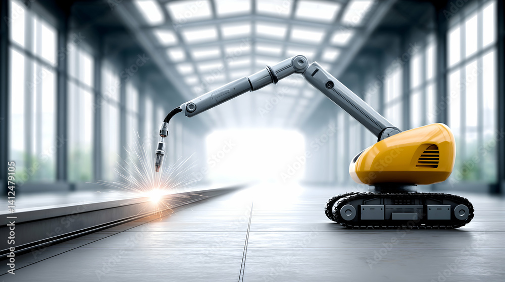 Fototapeta premium Yellow robotic arm welding metal beam in modern facility