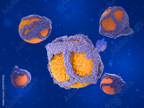 LDL particles. Low-density lipoprotein particles transport  lipids like cholesterol, phospholipids and triglycerids 