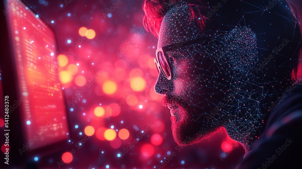 Programmer coding at night digital art red bokeh lights glowing lines focused face glasses dark