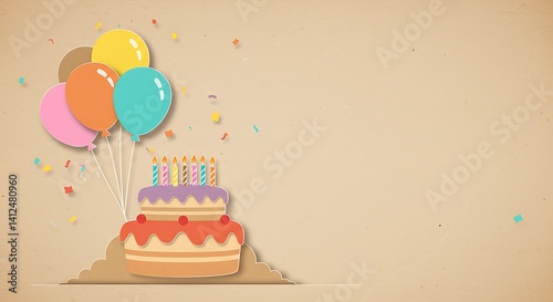 Celebration Birthday Cake with Balloons and Confetti on a Brown Background