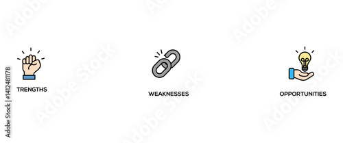 SWOT banner web icon vector illustration concept for strengths, weaknesses, threats, and opportunities analysis with an icon of value, goal, break chain, low battery, growth, check, minus, and crisis