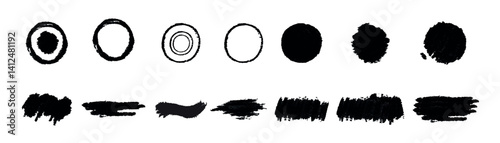 thick line chalk brush stroke collection. Vector chalk brush set. Square and circle text frame grunge patch design element. Chalk stroke shape
