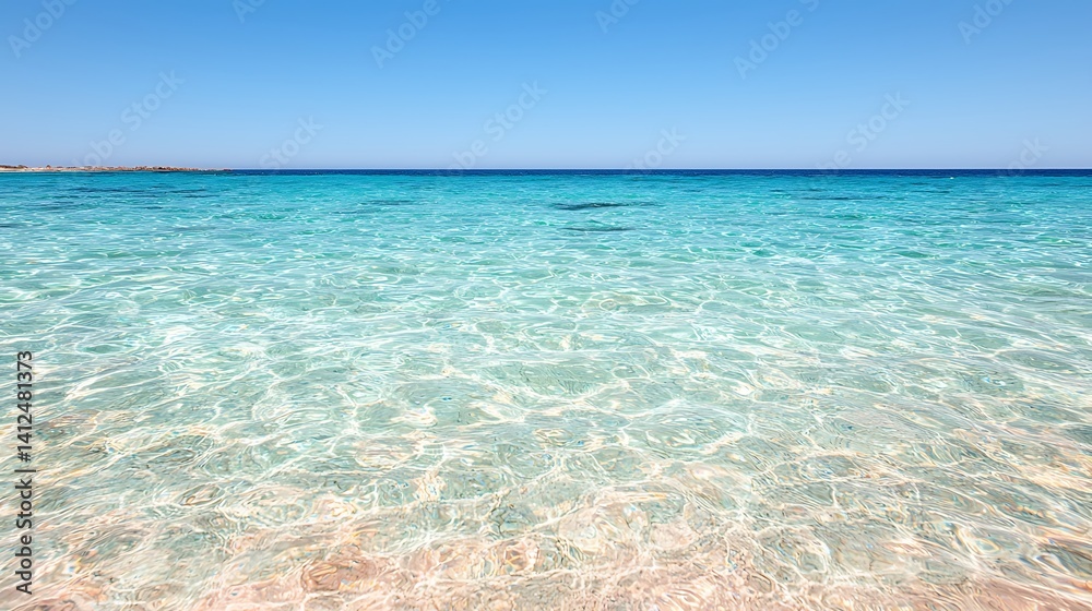 Obraz premium Serene turquoise sea under a clear blue sky, sparkling water reflecting sunlight in a tranquil coastal landscape.
