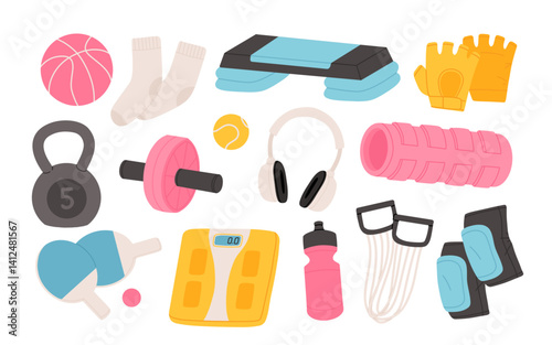 Sport equipment set. Gym accessories, training items, workout stuff, sportswear. Dumbbell, water bottle, fitness stepper, roll. Flat graphic vector illustrations isolated on white background