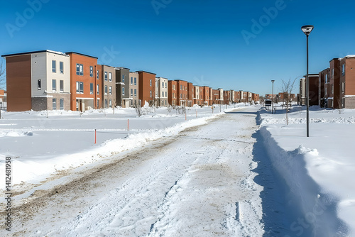 Snow-covered residential street lined with modern houses under a clear blue sky in winter