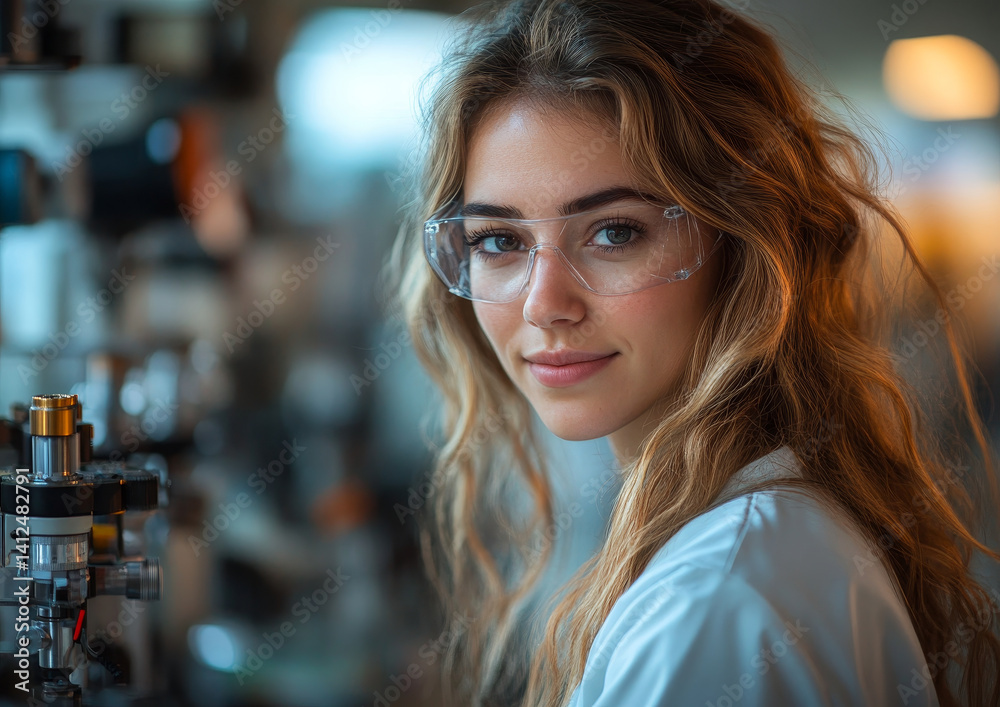 Female scientist in lab with safety glasses, focused on research and innovation Female scientist in lab with safety glasses, focused on research and innovation