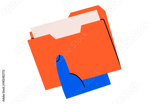 Hand drawn cute illustration of hand holding folder with documents. Flat vector file archive in arm doodle. Planning or time management icon. Paper office data. Catalog or organizer. Isolated.