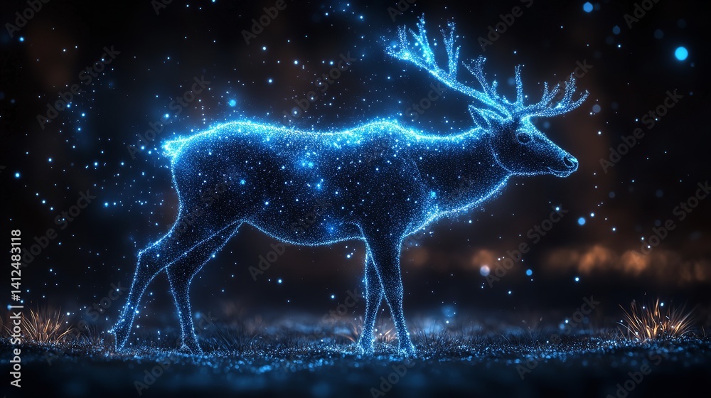 Magical glowing deer in dark forest mystical blue light sparkles night scene