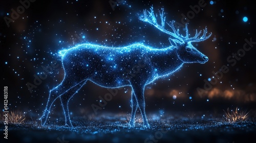 Obraz na płótnie Magical glowing deer in dark forest mystical blue light sparkles night scene w salonie