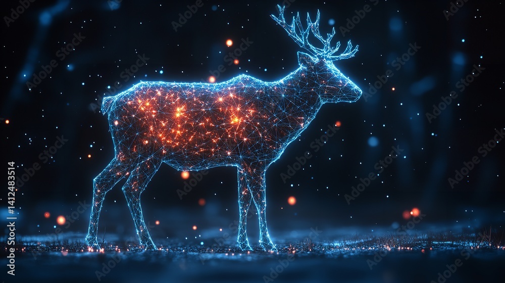 Majestic digital deer glowing constellation dark winter night blue and orange hues
