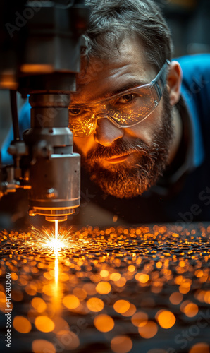 Engineer using laser cutter for precision work, focused on intricate details and sparks