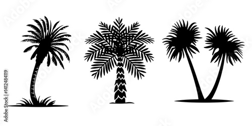 Set of black fill silhouette simple tropical tree or palm tree vector illustration simple hand drawing.