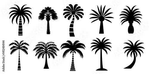 Set of black fill abstract silhouette tropical tree or palm tree vector illustration simple hand drawing.