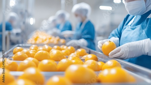 Workers in protective gear sort yellow fruit on a production line.