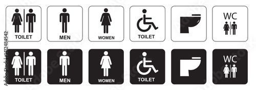 Toilet icons set, common male female restroom, handicap wheelchair access, sanitizer liquid soap, WC direction, baby changing table room, toilet signs, WC signs collection