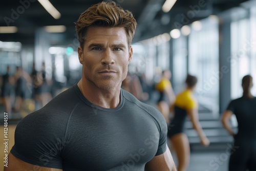 A forceful bodybuilder oversees a cohort of individuals as they engage in a brutal weight training session, his well-defined arms flexing as he spurs them to overcome the exhausting regimen