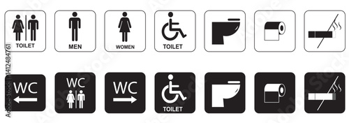 Toilet icons set, common male female restroom, handicap wheelchair access, sanitizer liquid soap, WC direction, baby changing table room, toilet signs, WC signs collection