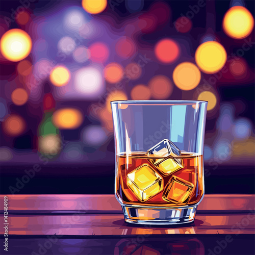 Vsai glass of whisky with ice cubes sitting on bar counter in nightclub