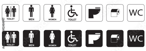 Toilet icons set, common male female restroom, handicap wheelchair access, sanitizer liquid soap, WC direction, baby changing table room, toilet signs, WC signs collection