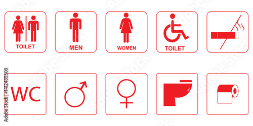 Toilet icons set, common male female restroom, handicap wheelchair access, sanitizer liquid soap, WC direction, baby changing table room, toilet signs, WC signs collection.