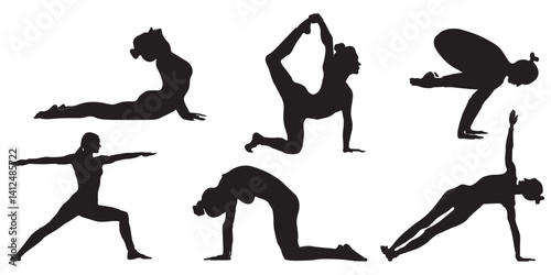 Yoga pose Workout. Silhouettes of a woman in Tree, Sirsasana, Boat, Warrior one, two, three, downwards and upwards facing dog, lotus, headstand poses. Eps 10