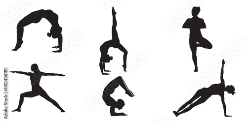 Yoga pose Slim sportive young woman doing yoga & fitness exercises. Healthy lifestyle. Set of vector silhouette illustrations design isolated on white background.