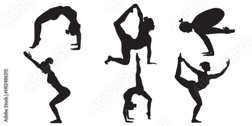 Yoga pose Slim sportive young woman doing yoga & fitness exercises. Healthy lifestyle. Set of vector silhouette illustrations design isolated on white background.