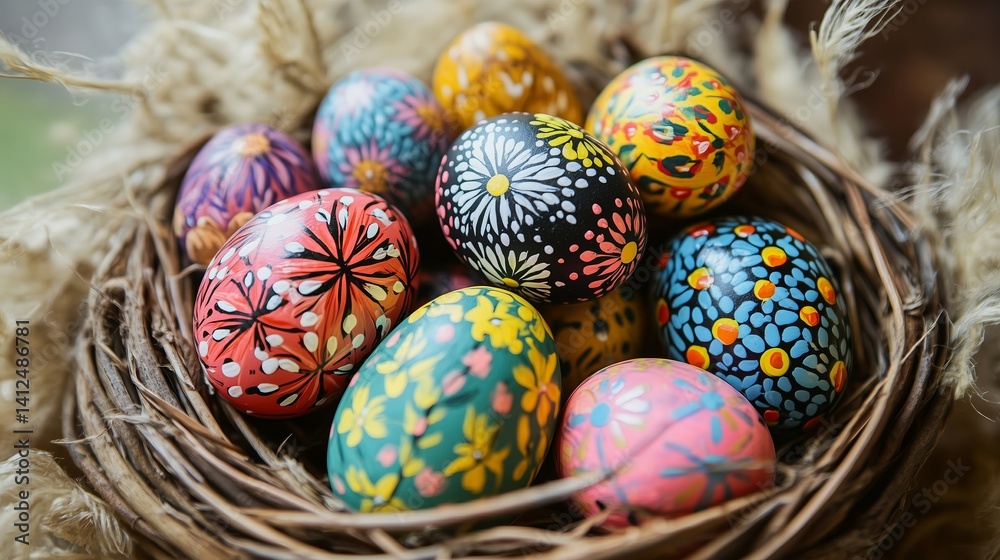 Fototapeta premium A nest filled with bright Easter eggs, manually painted. A warm and festive composition conveys the atmosphere of spring, creativity and Easter.