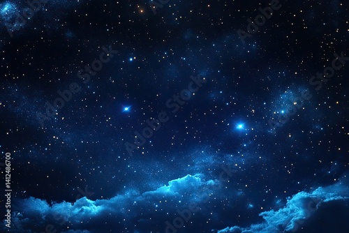 A dark blue night sky filled with countless twinkling stars and white clouds