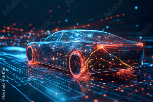 The Essence of Connectivity: A futuristic vehicle, outlined in a vibrant digital glow, traversing a landscape of data, representing the convergence of automotive and technological innovation.