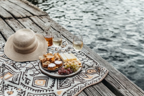 A picnic spread on a wooden dock overlooking a calm lake