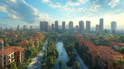 Obraz na płótnie Serene canal city skyline sunlit buildings palm trees boats warm sunset hues w salonie