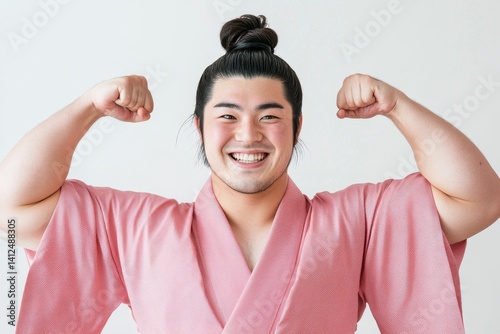 Man proudly wearing a pink bodybuilder costume while flexing his muscles