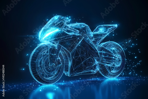 Motorcycle Wireframe: An ethereal motorcycle in blue wireframe rendering against a dark blue backdrop, conveying a sense of speed, power and innovation.  