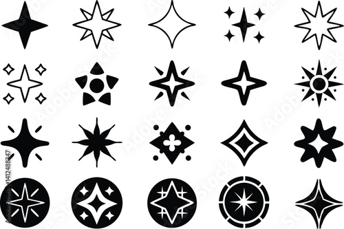 Collection of 20 Black Star and Sparkle Silhouettes in Grid