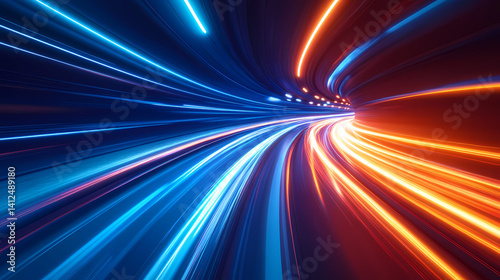 Illuminated Tunnel of Speed: A vibrant tunnel of light, radiating with streaks of speed, evokes a sense of fast-paced motion and futuristic technological advancement.