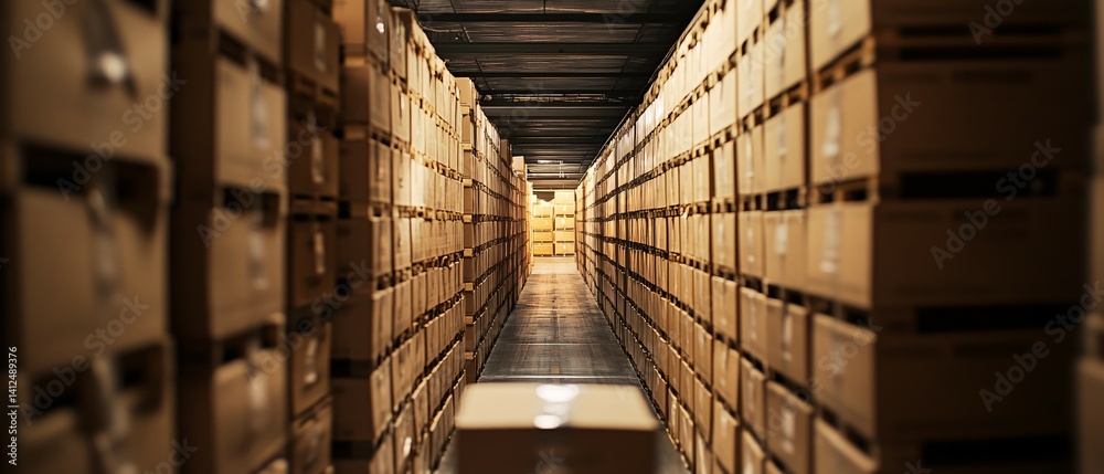 Rows of cardboard boxes fill a warehouse or storage facility aisle. Rows of cardboard boxes fill a warehouse or storage facility aisle.