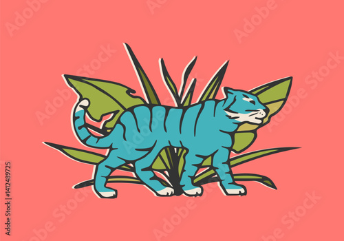 Modern hand drawn walking blue tiger in jungle on bright background. Wild animal in front of tropical bush. Contemporary illustation in trendy style perfect for stickers, cards, prints posters or web.
