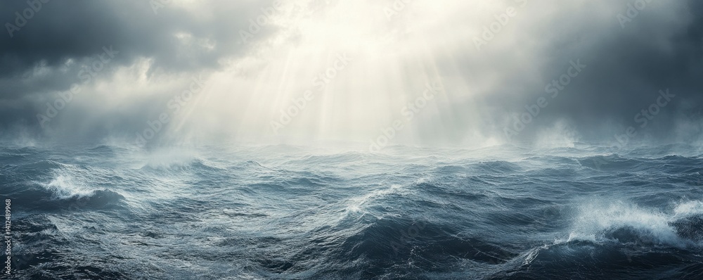 Fototapeta premium Dramatic Stormy Ocean with Dark Clouds and Rays of Light Breaking Through