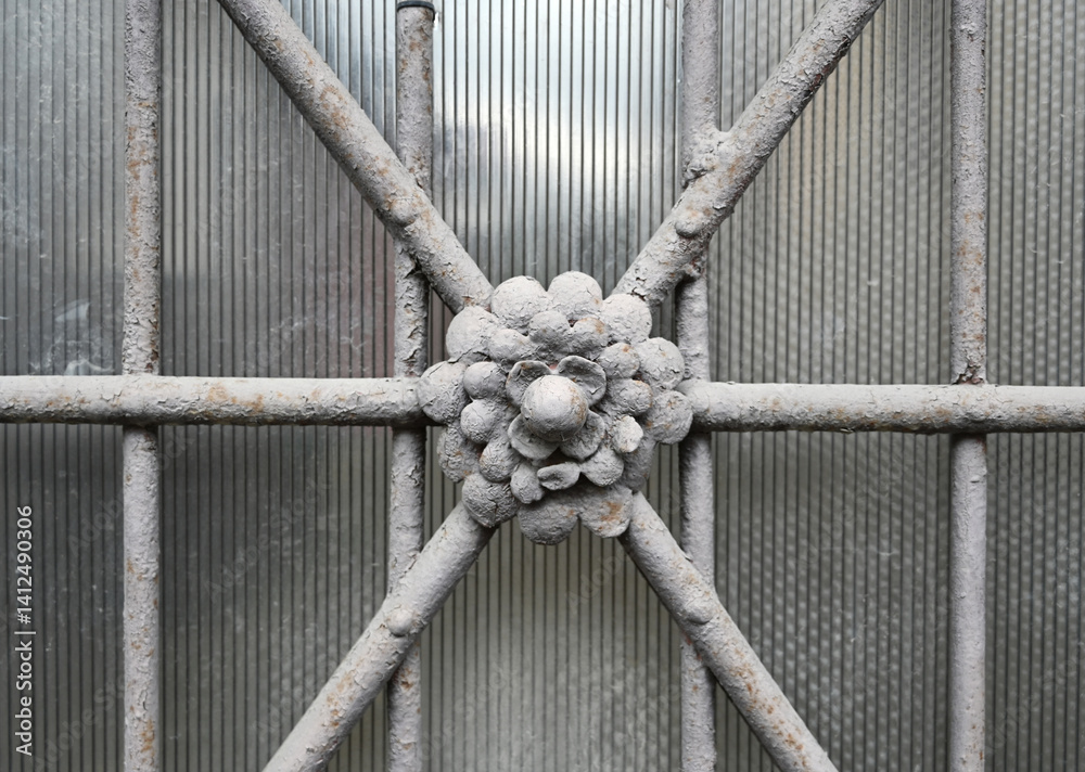 Decorative metalwork on a vintage glass-paneled door in an urban setting captured during daylight