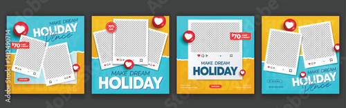 Travel and tourism social media post template design. Holiday summer vacation Tourism business marketing online poster banner editable set