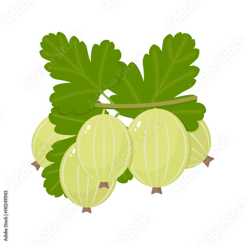 Gooseberry isolated on a white background. Yellow-green berries and green leaves in the material design style. Vector illustration, colored icon, design element.