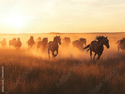 Golden Sunset Stampede: A breathtaking display of untamed power as a herd of horses gallops across a vast, open field bathed in the warm hues of a sunset, creating a sense of freedom and adventure.